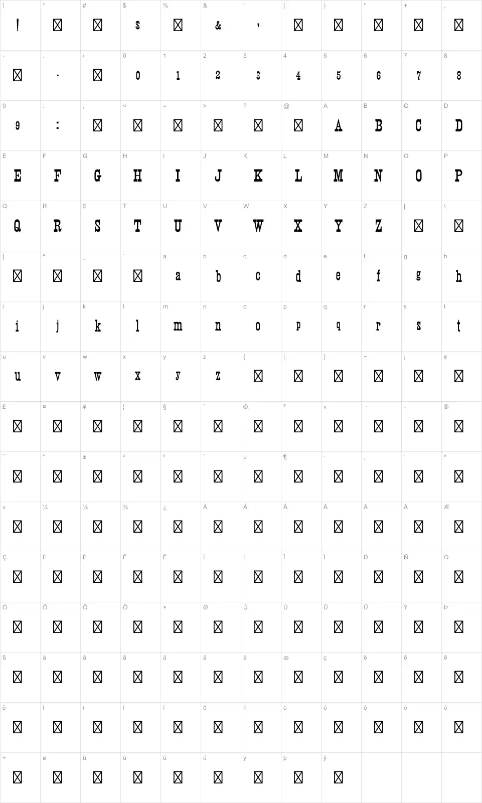 Mapa de caracteres da fonte Wood Print