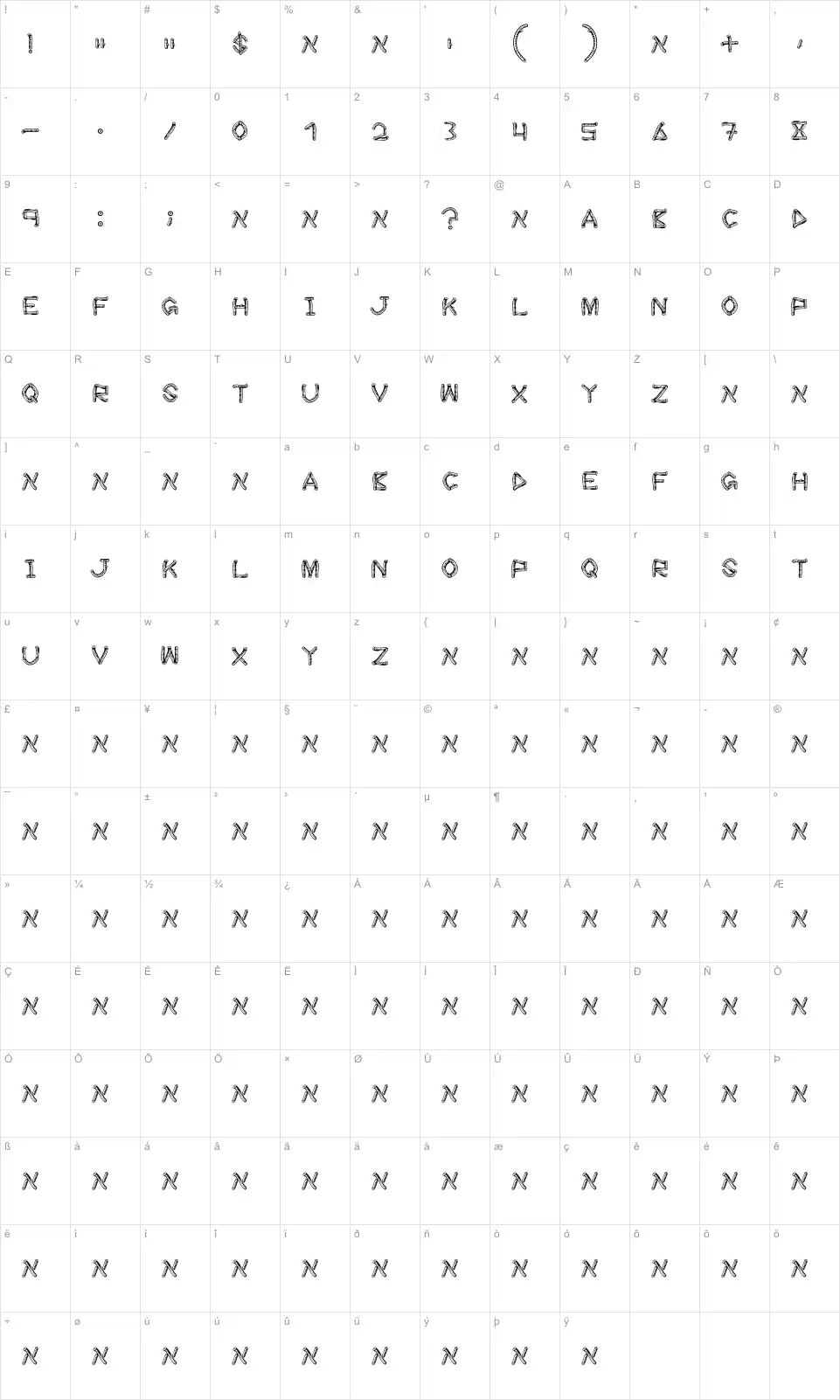 Mapa de caracteres da fonte Wood Sticks