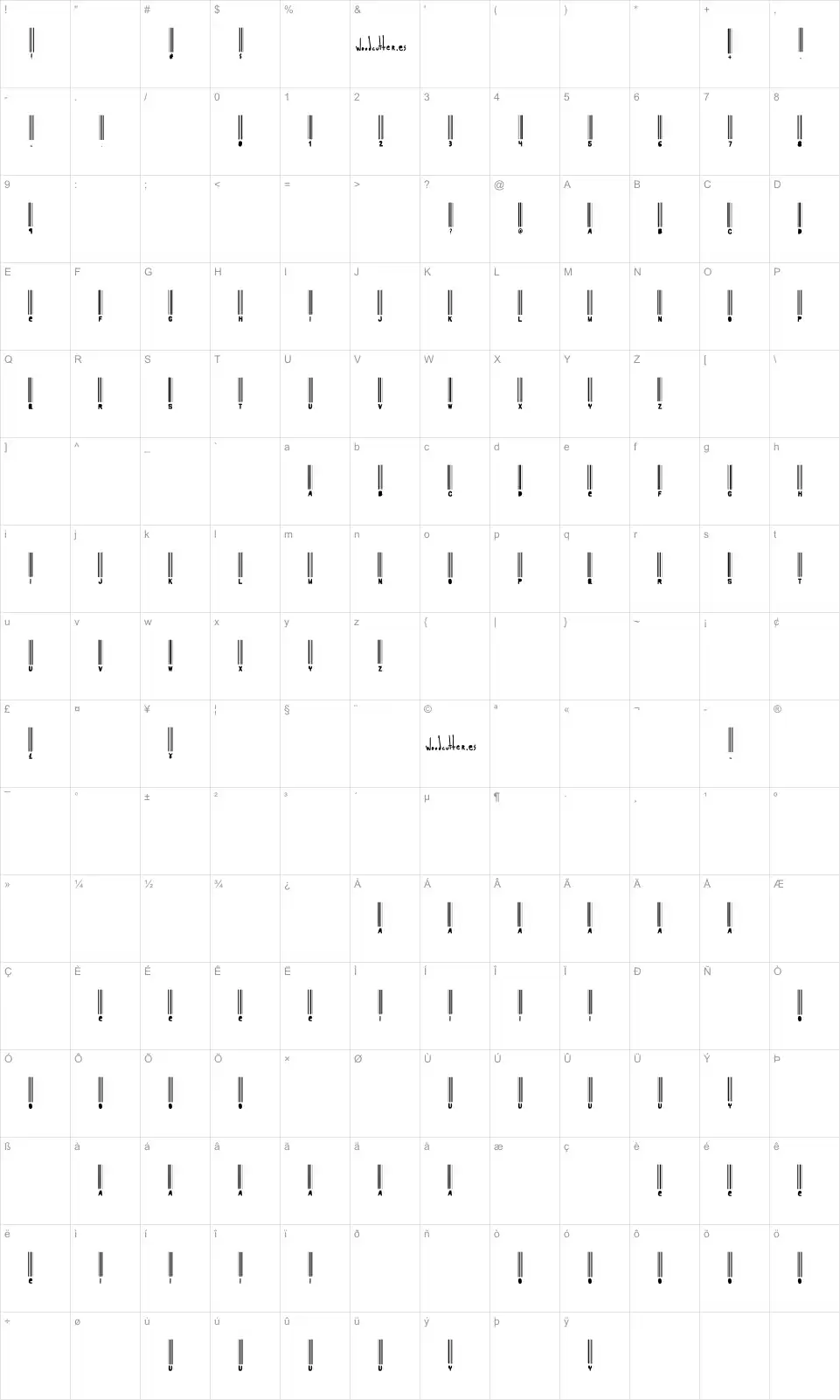 Mapa de caracteres da fonte Woodcutter Barcode