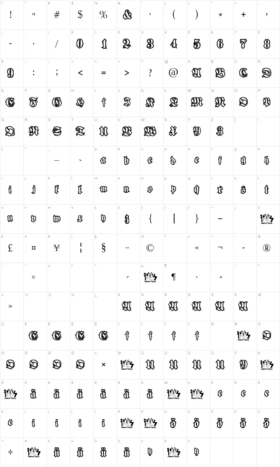 Mapa de caracteres da fonte Woodcutter Gothic Drama