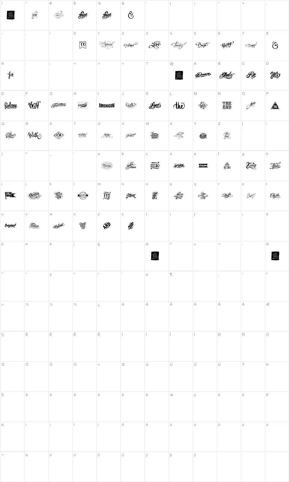 Mapa de caracteres da fonte Words