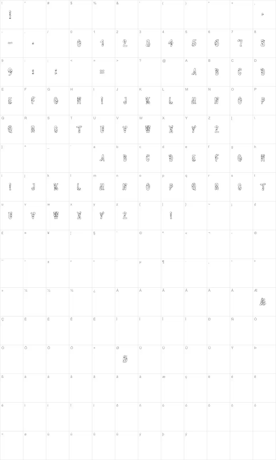 Mapa de caracteres da fonte Worm Beeline