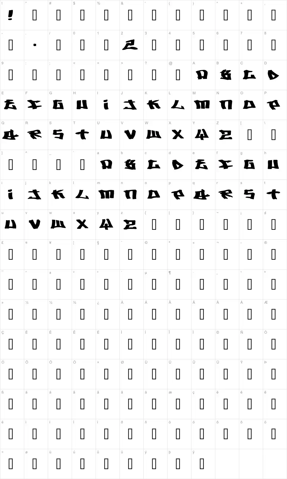 Mapa de caracteres da fonte Writers 2