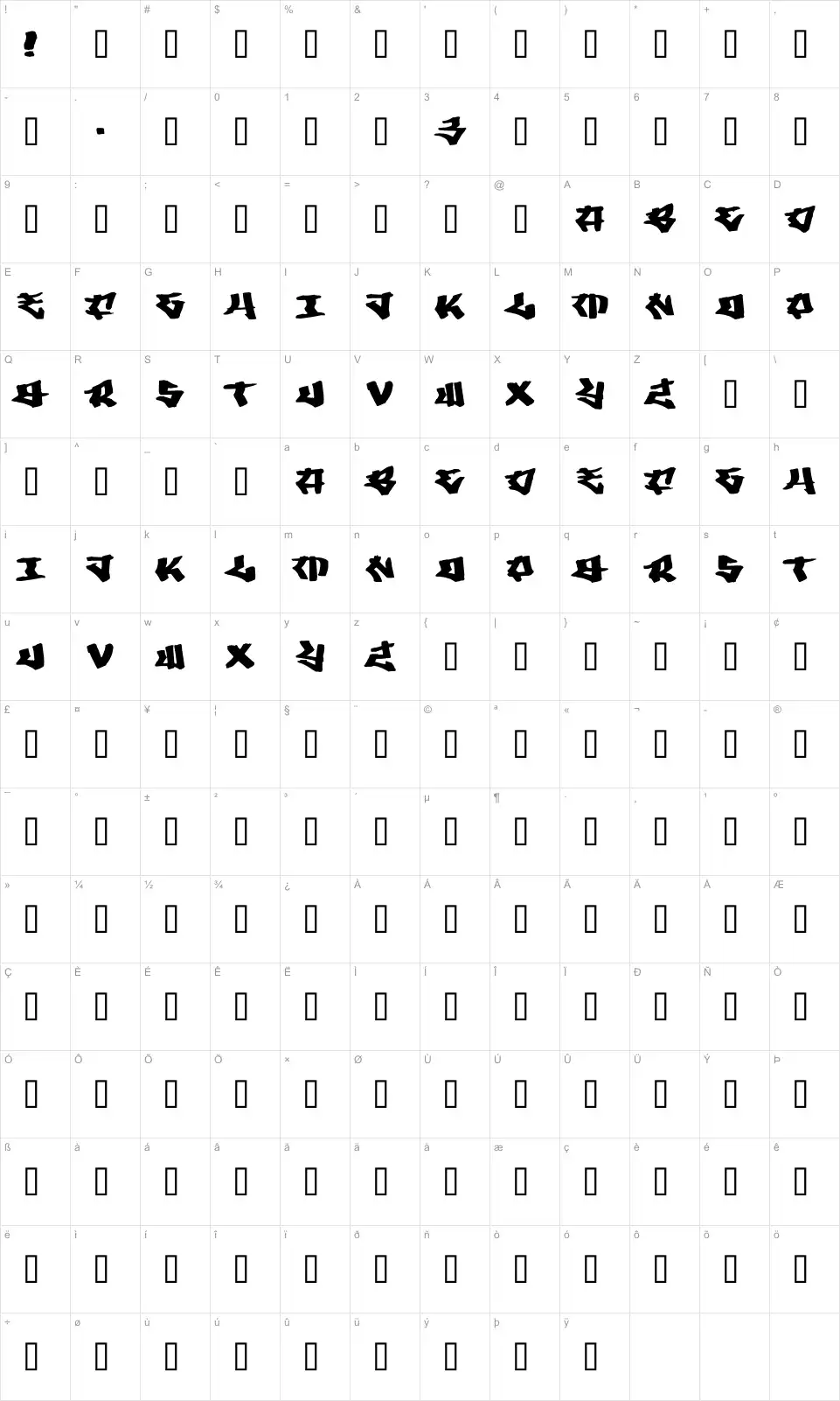 Mapa de caracteres da fonte Writers 3