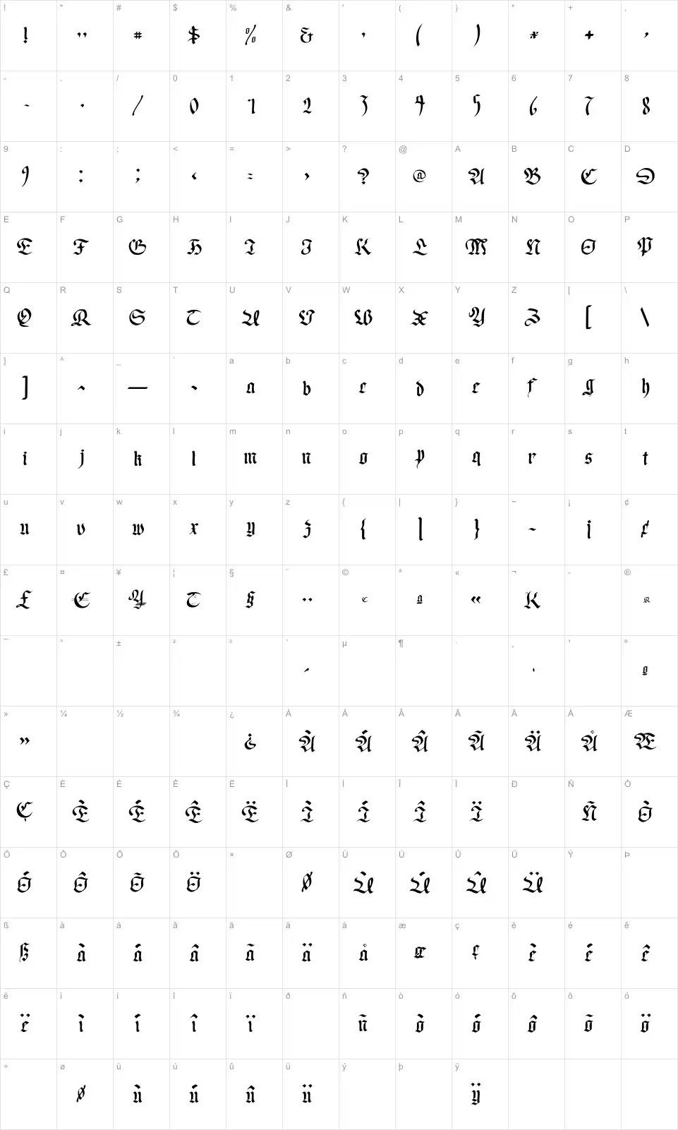 Mapa de caracteres da fonte Written Frax