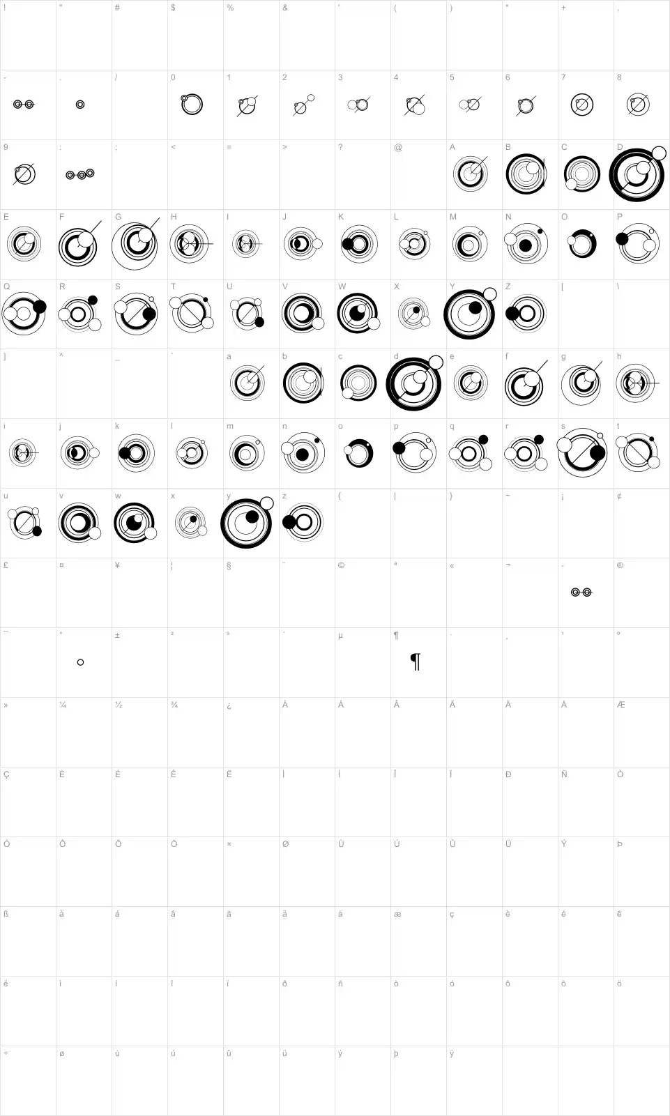 Mapa de caracteres da fonte WS Simple Gallifreyan
