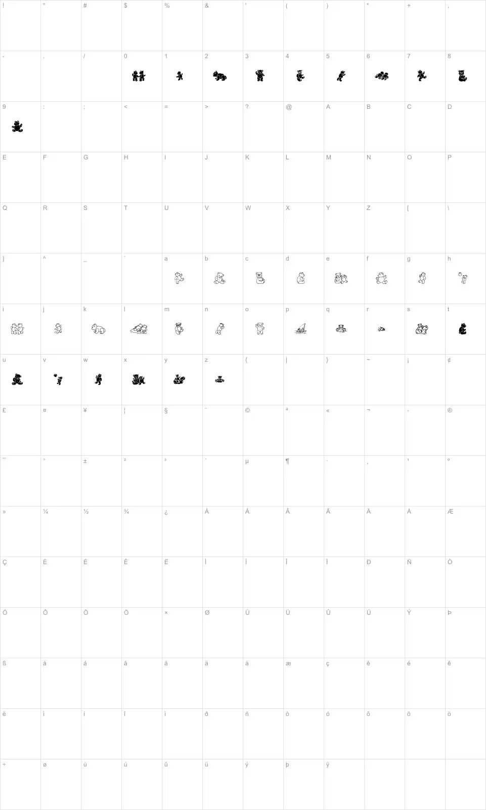Mapa de caracteres da fonte WW Beary Special