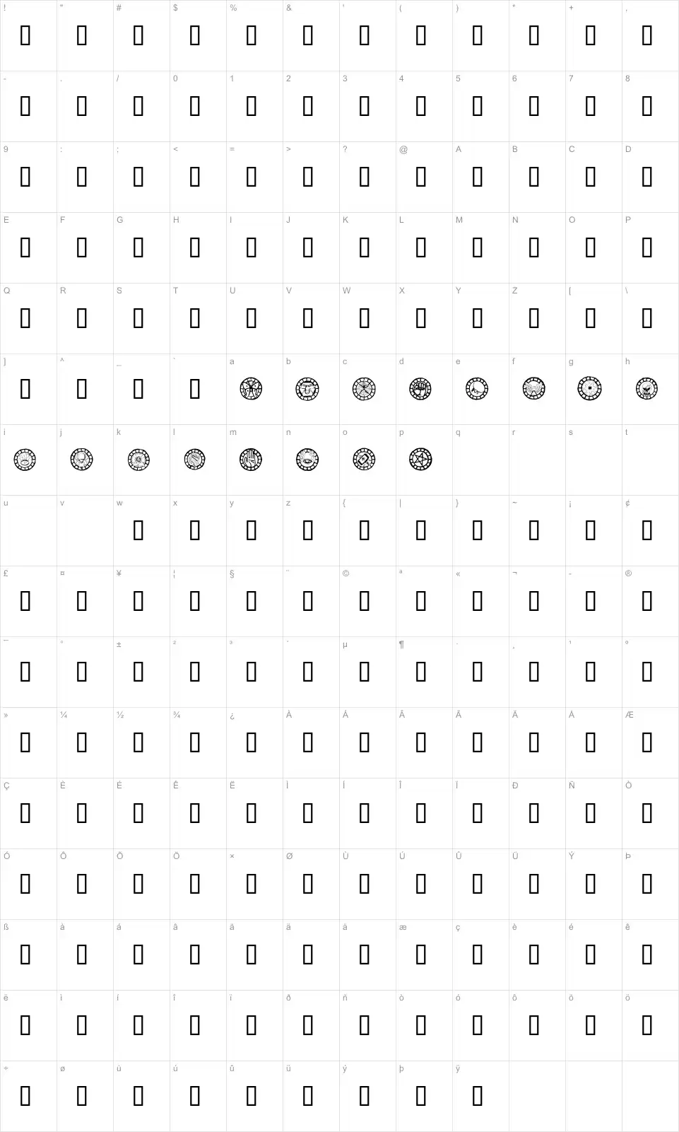 Mapa de caracteres da fonte WW Changeling Bats