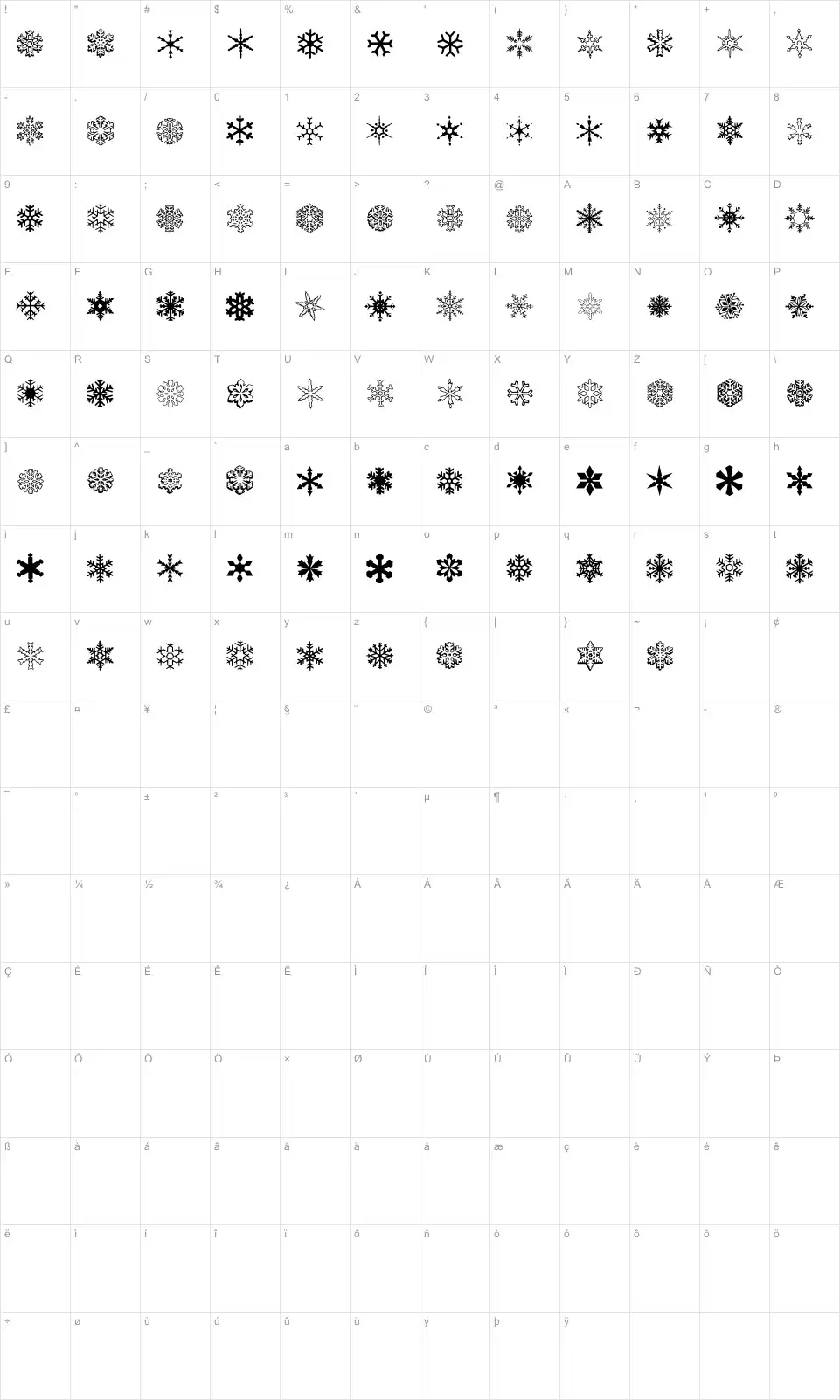 Mapa de caracteres da fonte WW Flakes