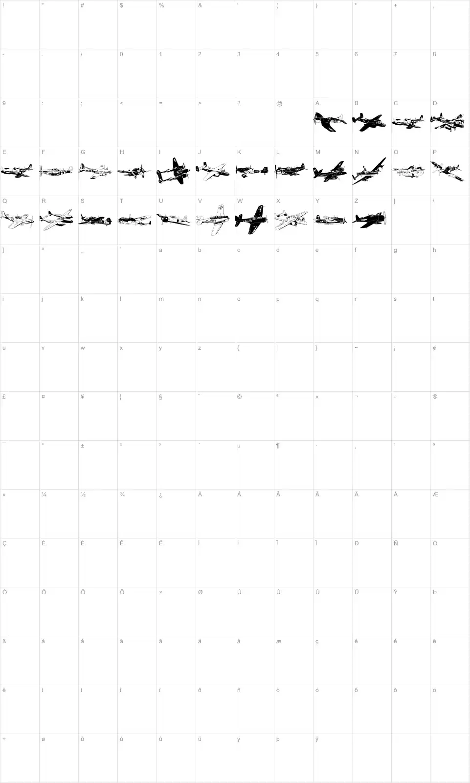 Mapa de caracteres da fonte WW2 Aircraft