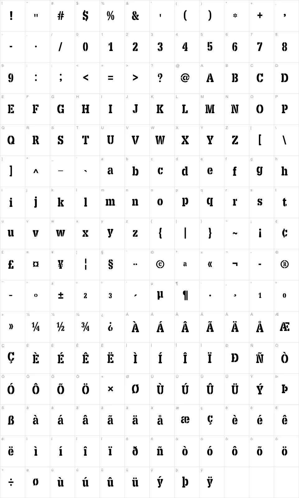 Mapa de caracteres da fonte X.Template
