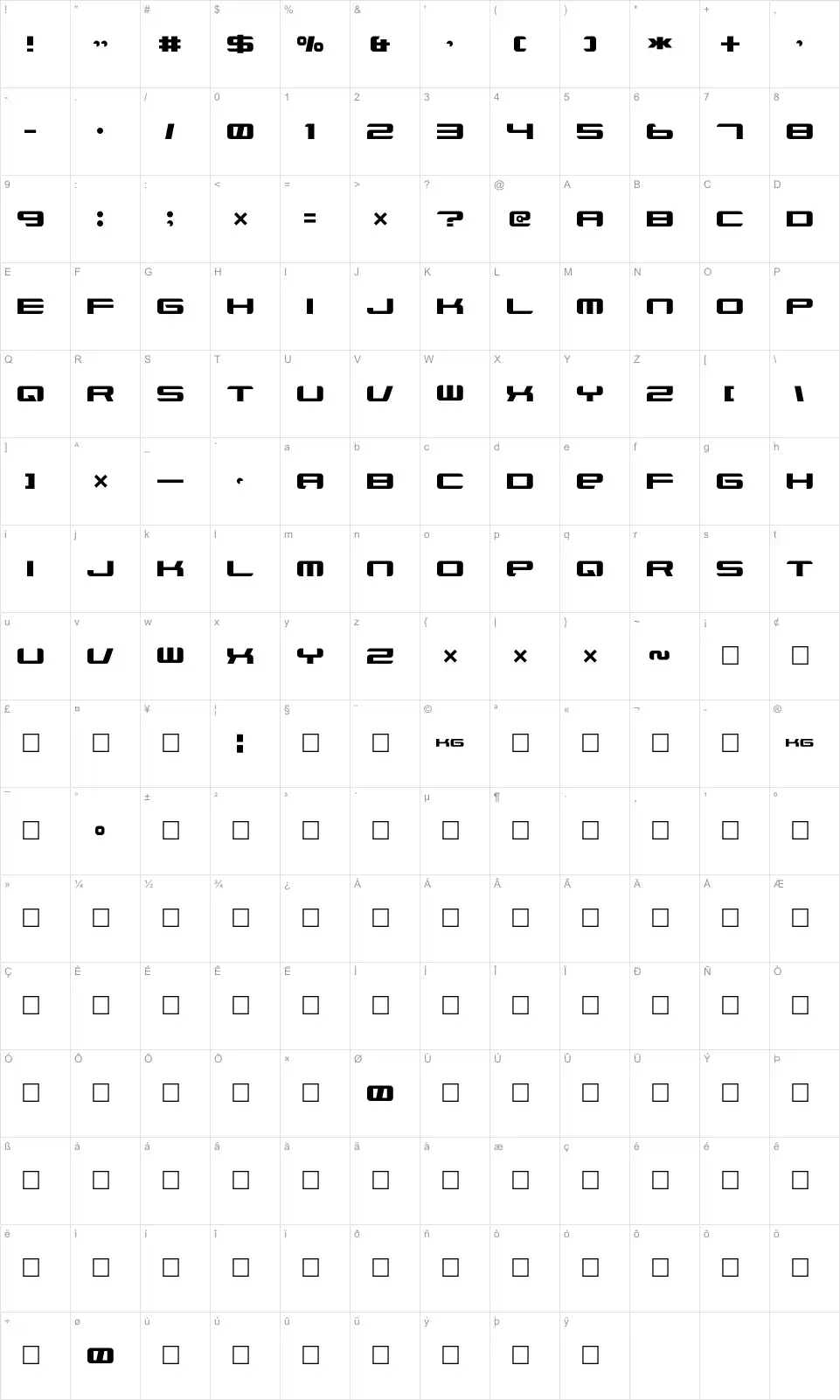 Mapa de caracteres da fonte Xenotron Broadstroke
