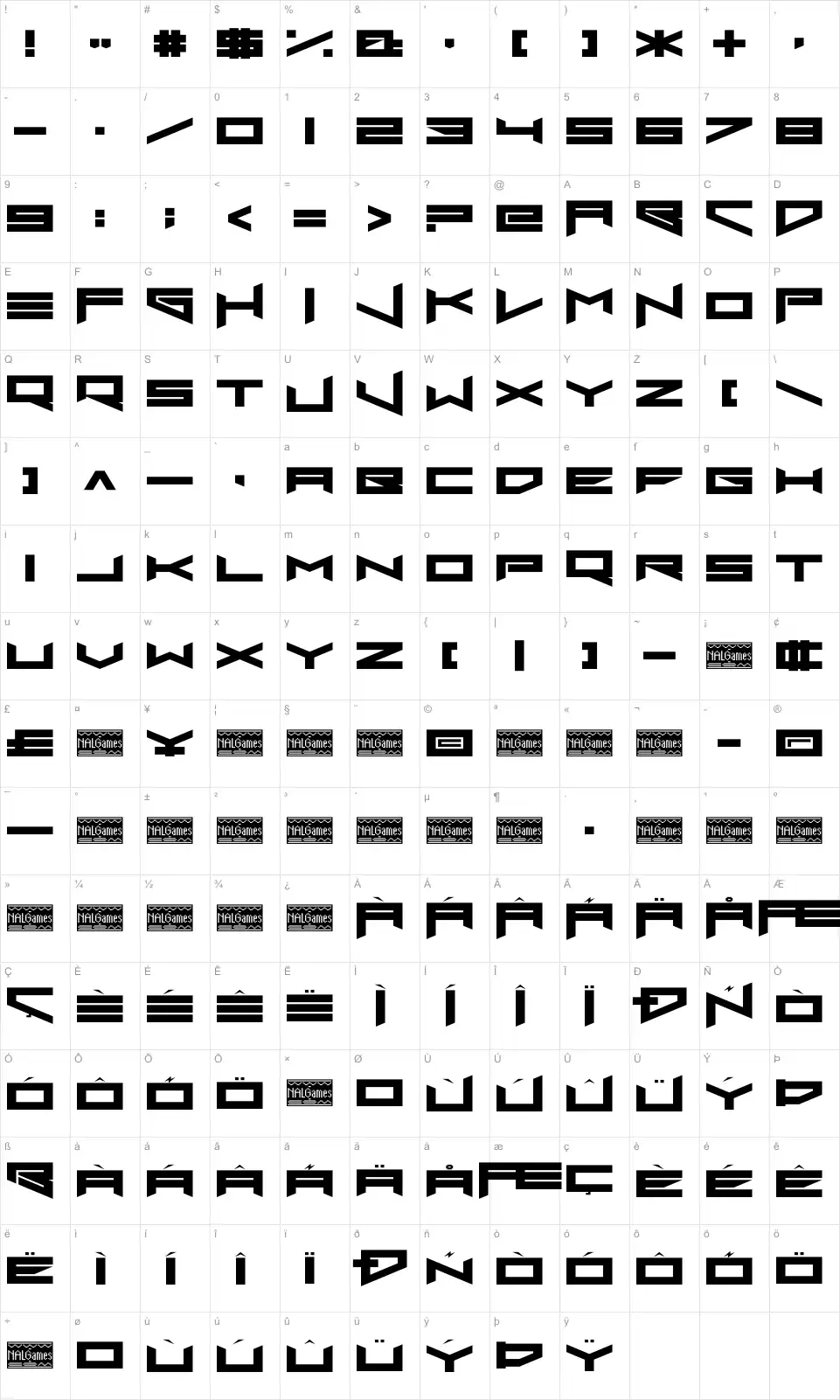 Mapa de caracteres da fonte Xero's Proof