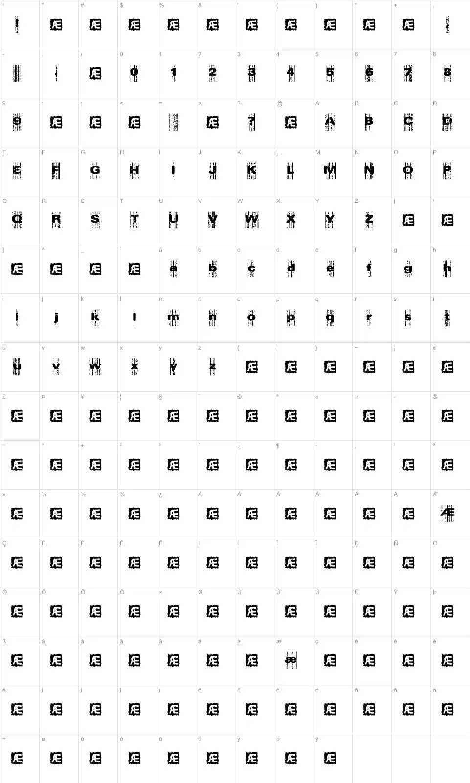 Mapa de caracteres da fonte Xerox Malfunction