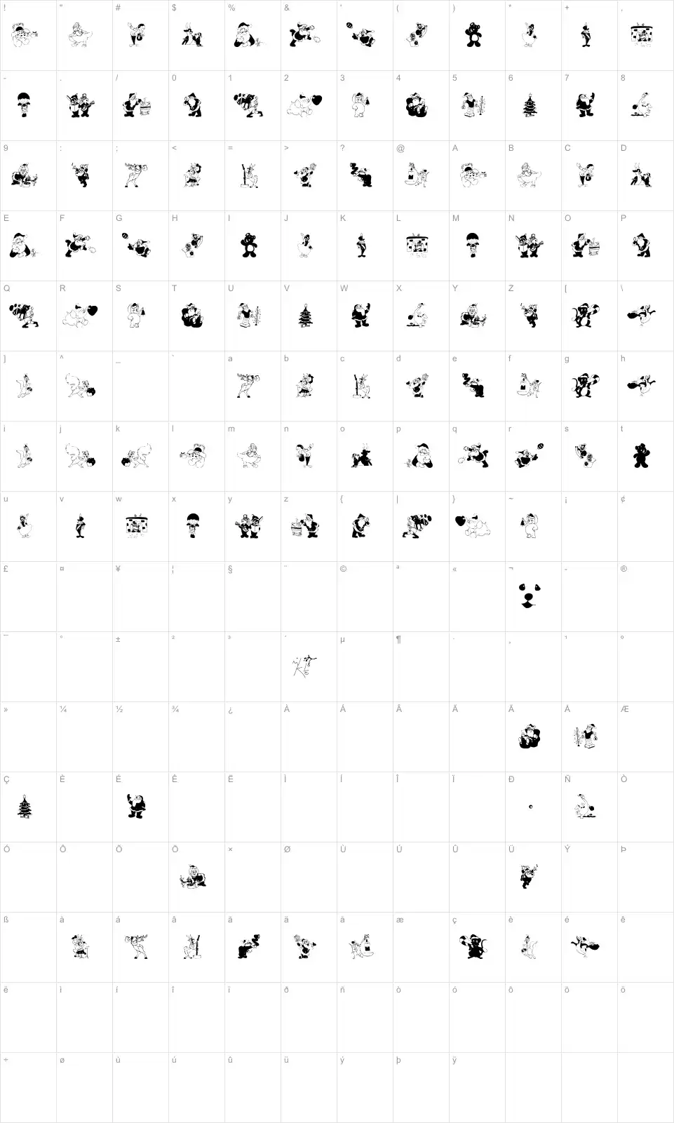 Mapa de caracteres da fonte Xmas Batzz