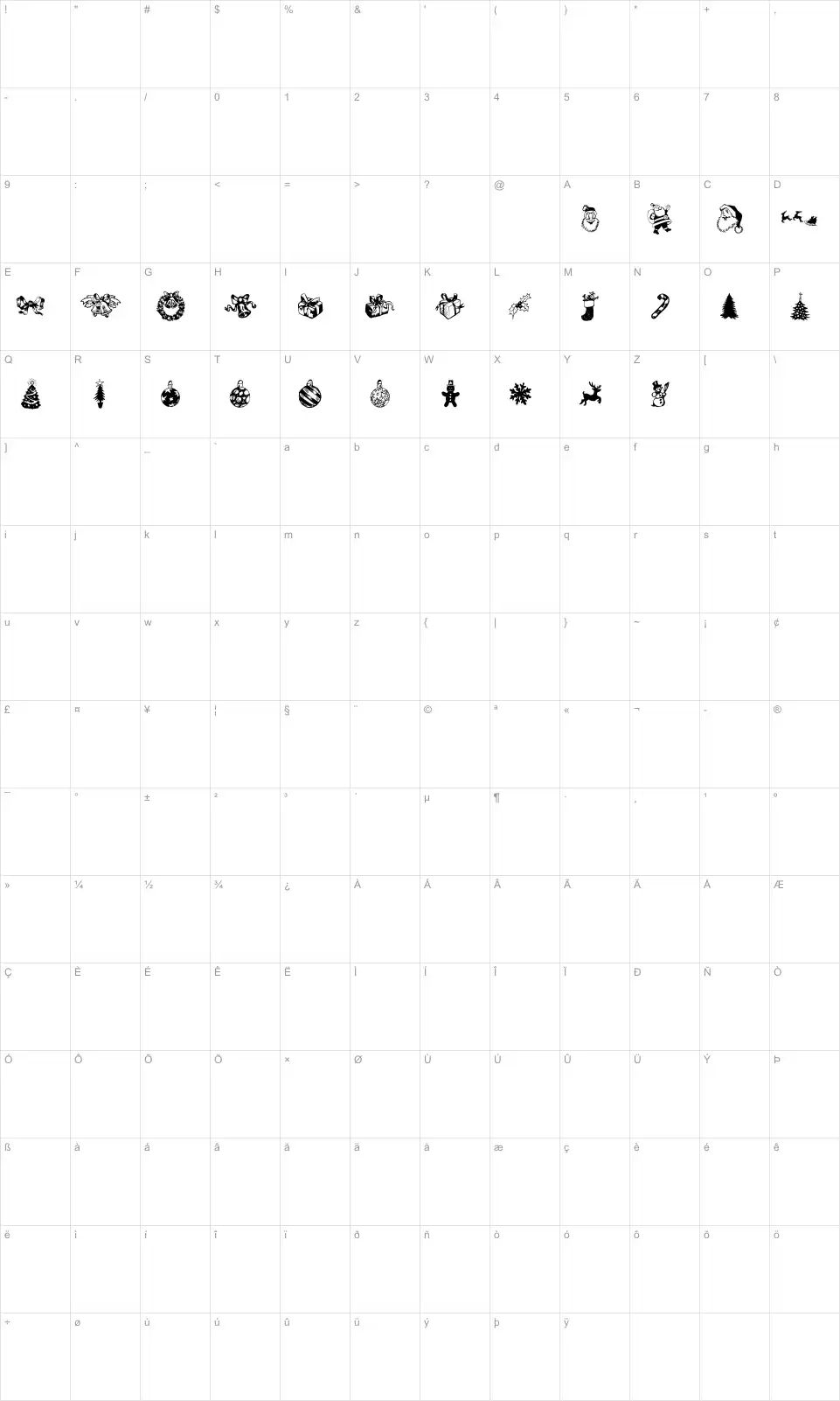 Mapa de caracteres da fonte Xmas Doods