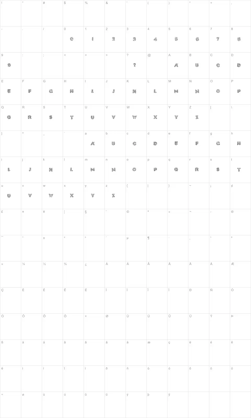 Mapa de caracteres da fonte Xmas Lite