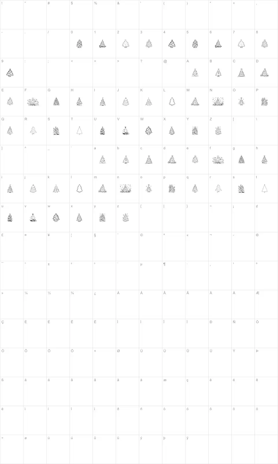Mapa de caracteres da fonte Xmas Tree