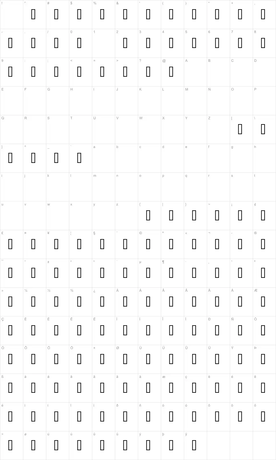 Mapa de caracteres da fonte XSpiked