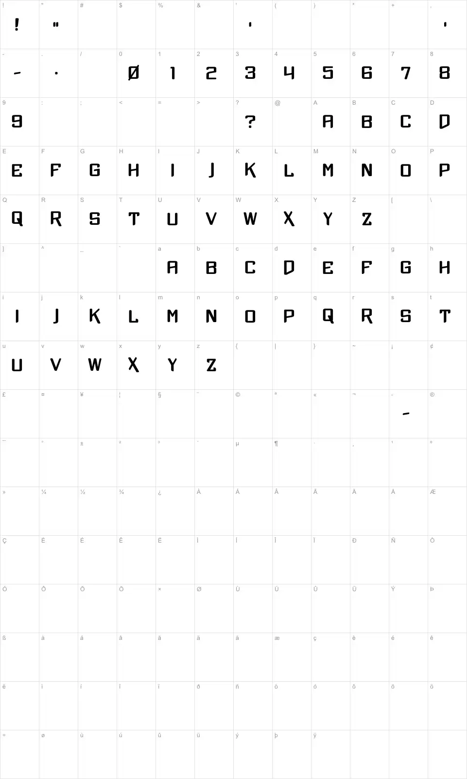 Mapa de caracteres da fonte Xtreme Chrome