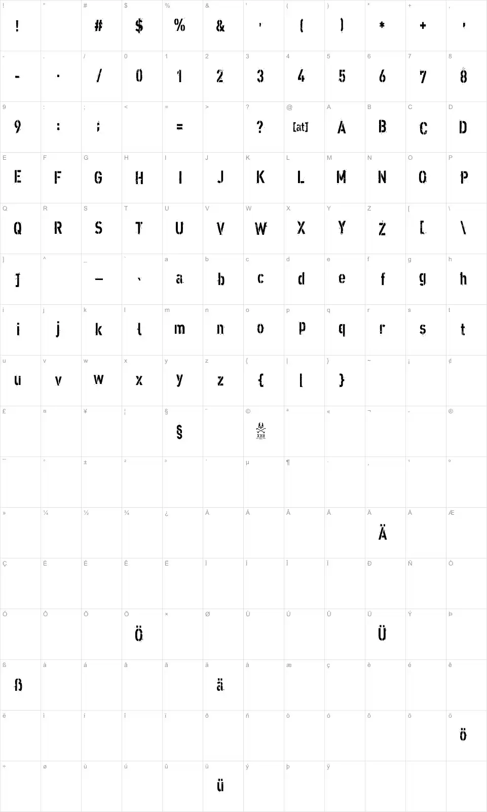 Mapa de caracteres da fonte XXII Army
