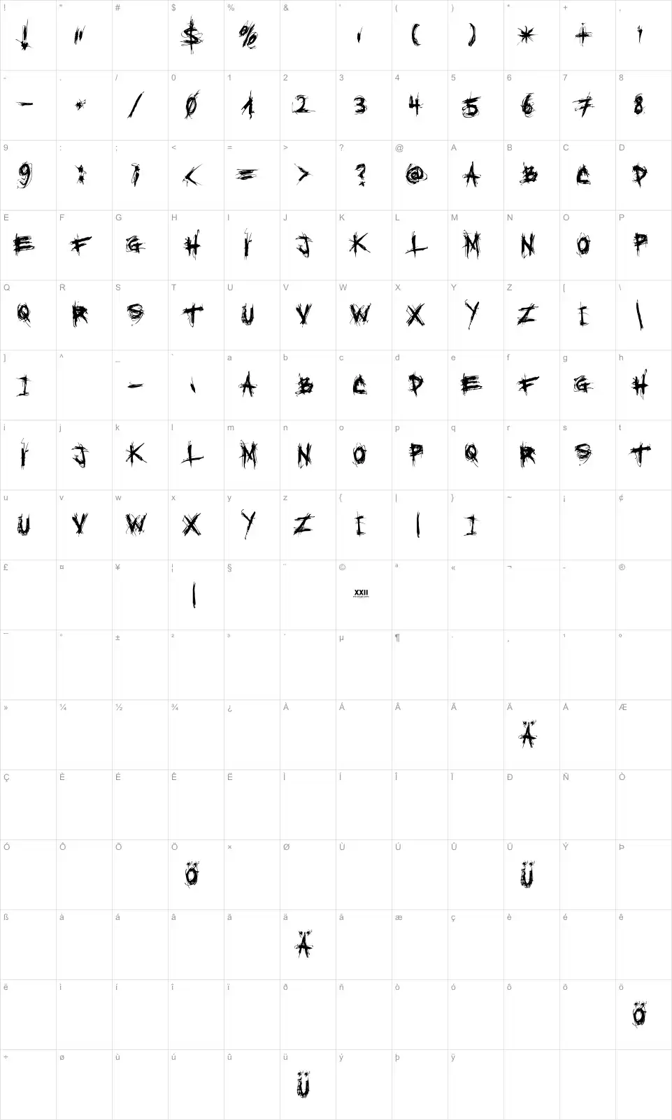 Mapa de caracteres da fonte XXII Scratch