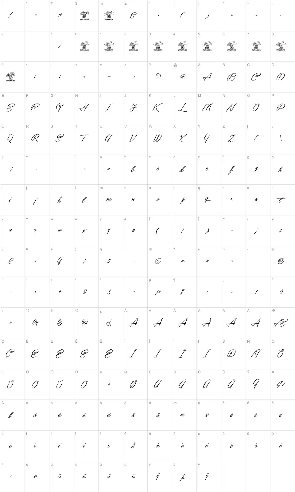 Mapa de caracteres da fonte Yaquote Script