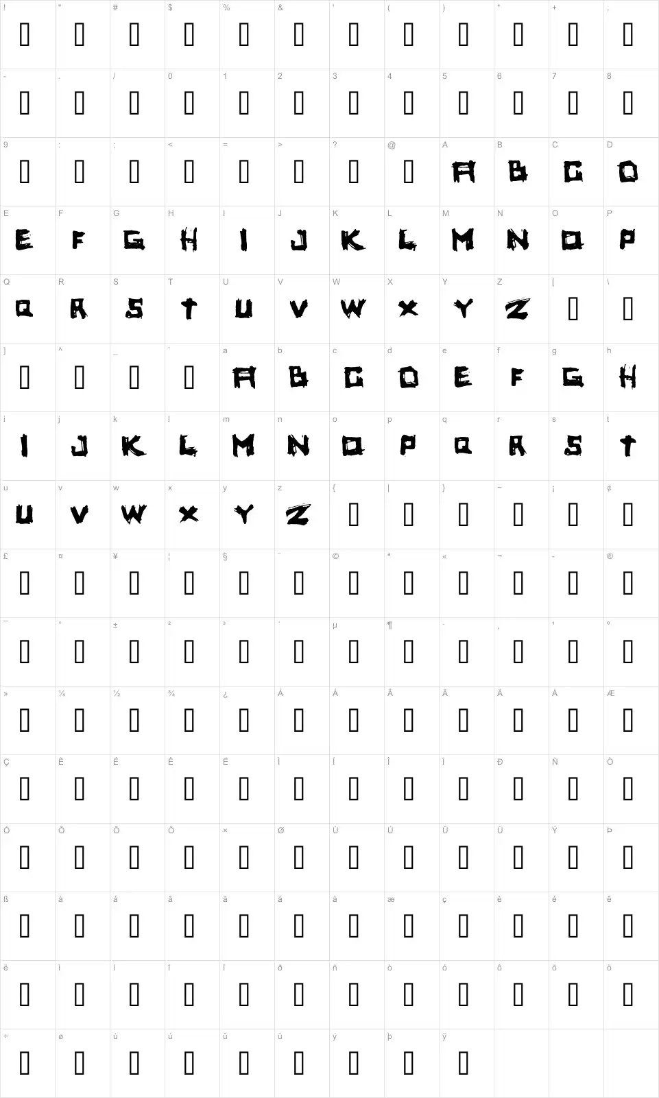 Mapa de caracteres da fonte Yoicks