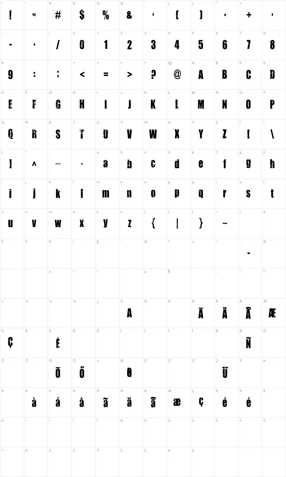 Mapa de caracteres da fonte You Are Loved