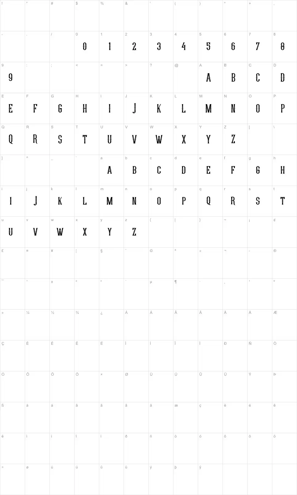 Mapa de caracteres da fonte Young Heart