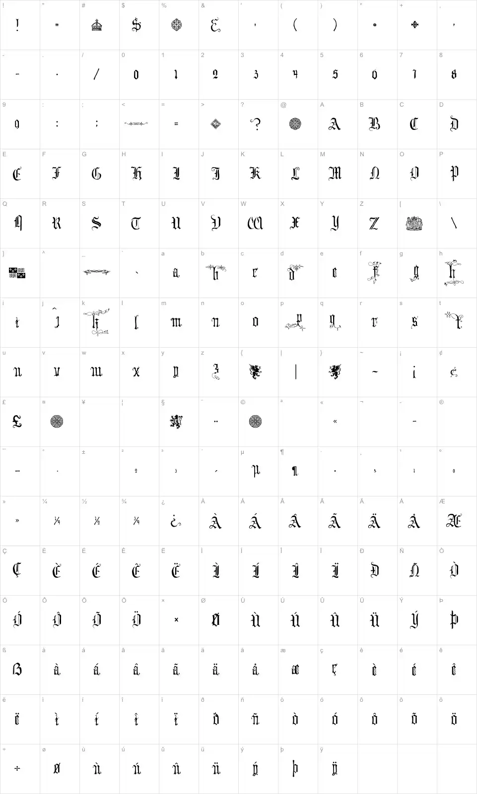 Mapa de caracteres da fonte Your Royal Majesty