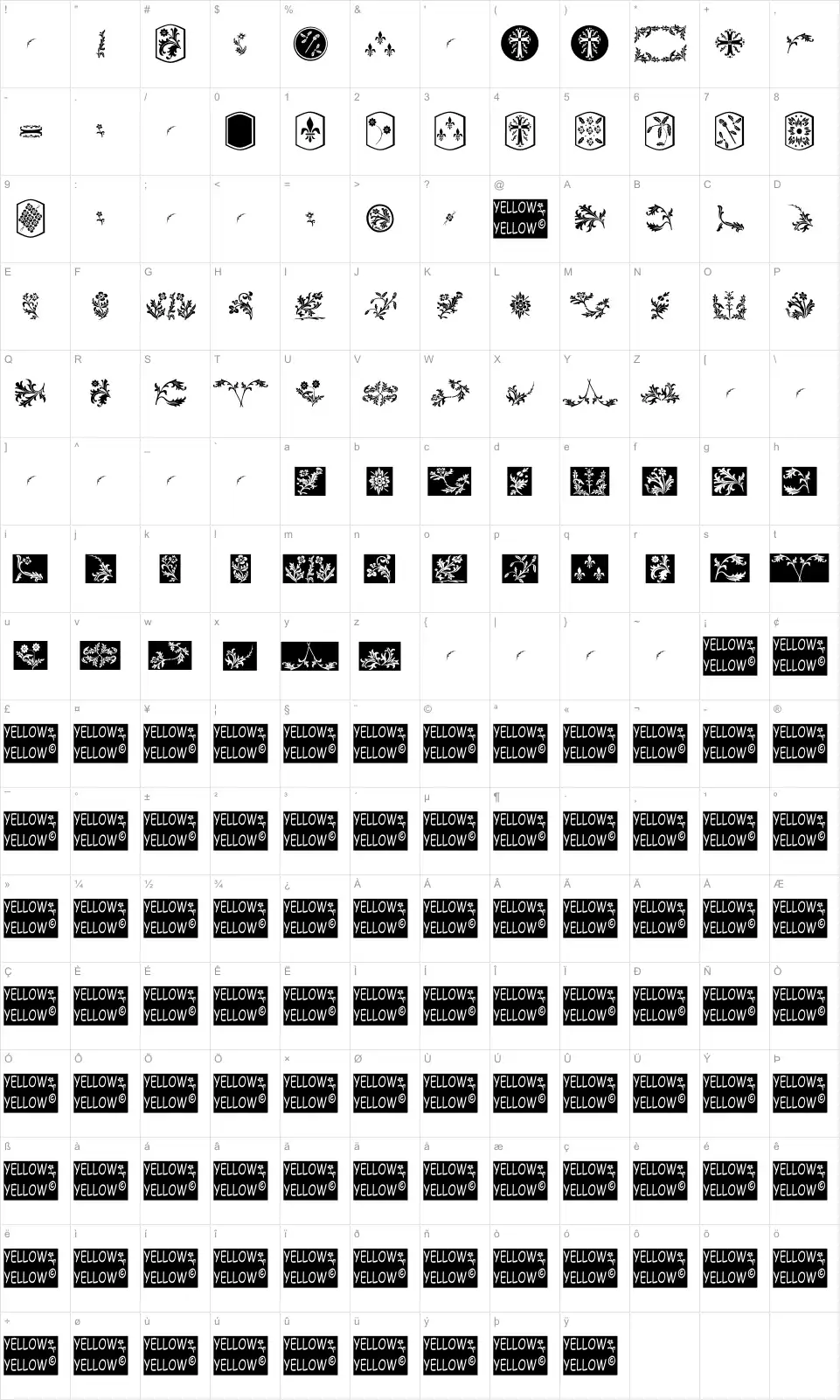 Mapa de caracteres da fonte YY Old English Dingbats