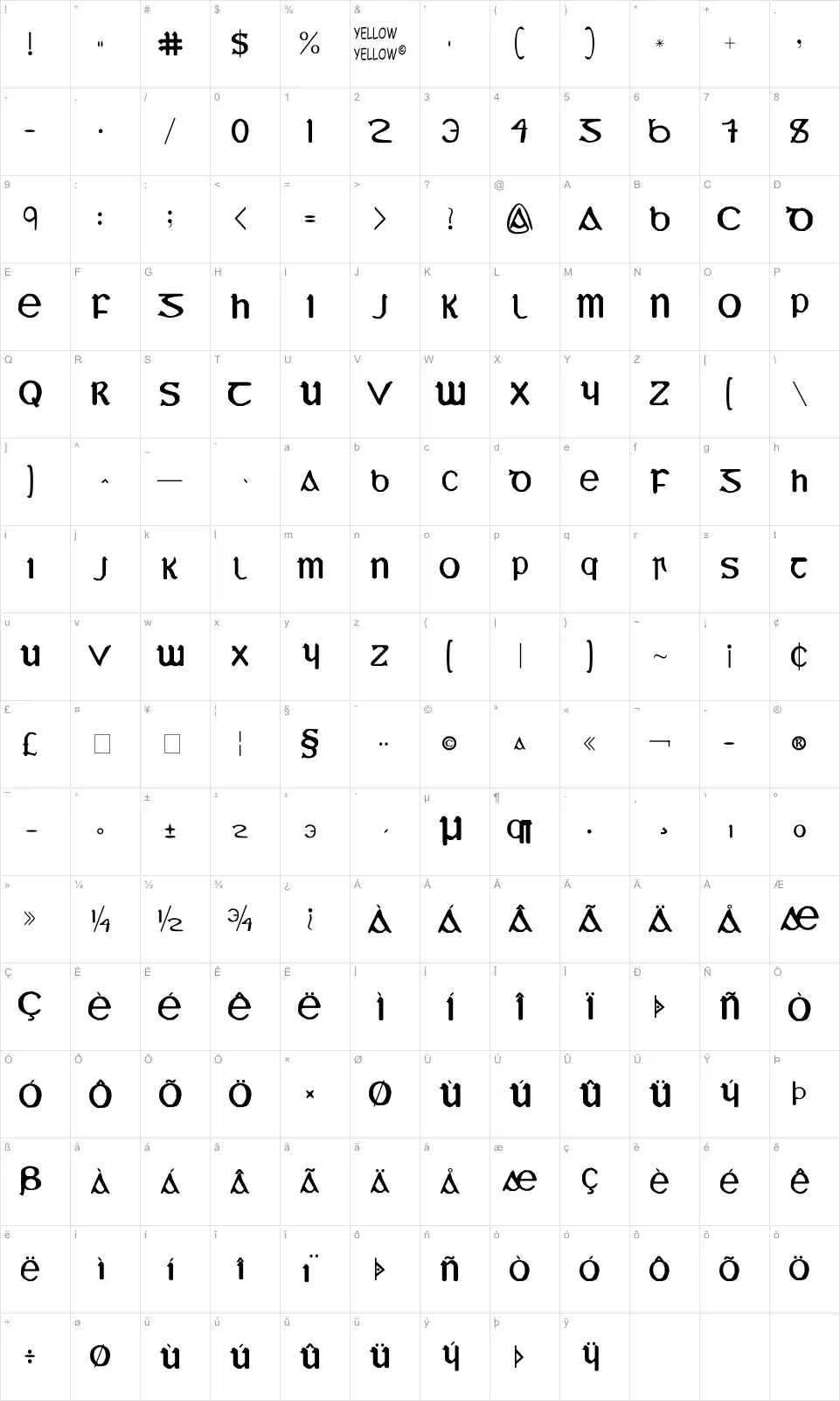 Mapa de caracteres da fonte YY Uncial Most Irish