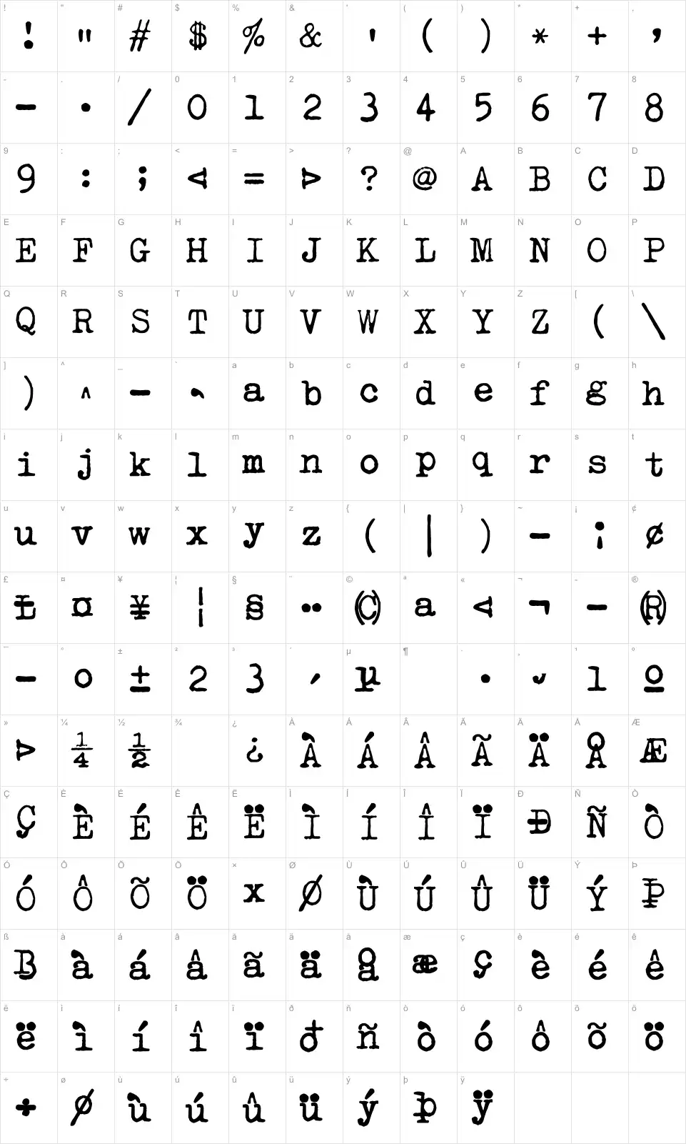 Mapa de caracteres da fonte zai Olivetti-Underwood Studio 21 Typewriter