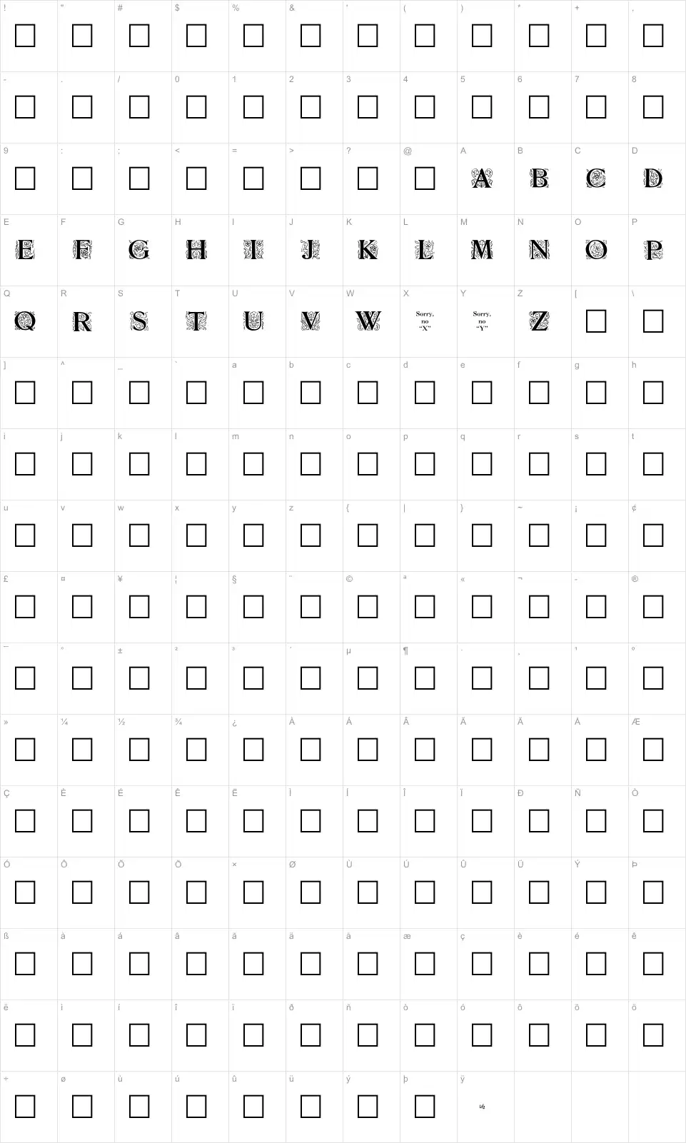 Mapa de caracteres da fonte Zallman Caps