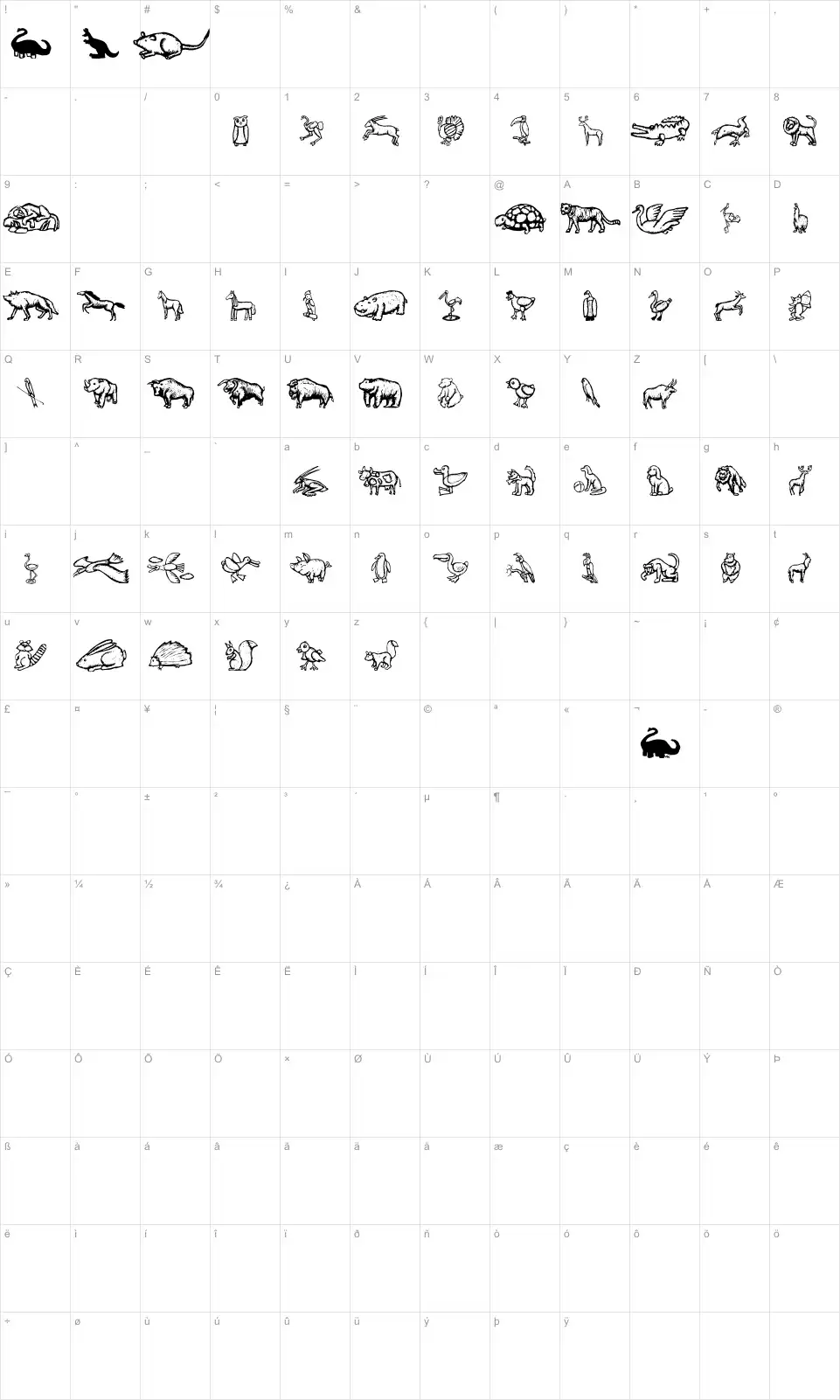 Mapa de caracteres da fonte Zoo Woodcuts M