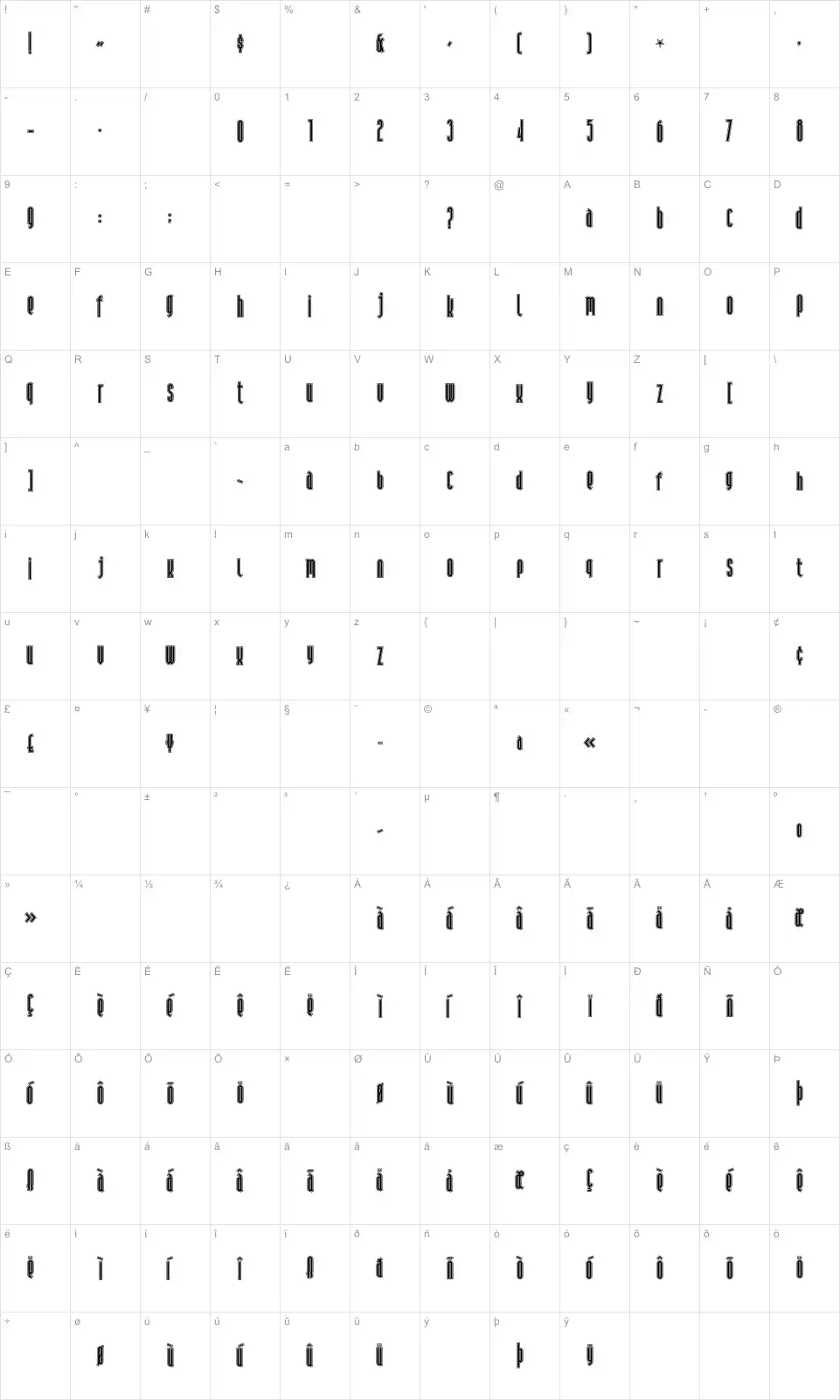 Mapa de caracteres da fonte Andiron Outline