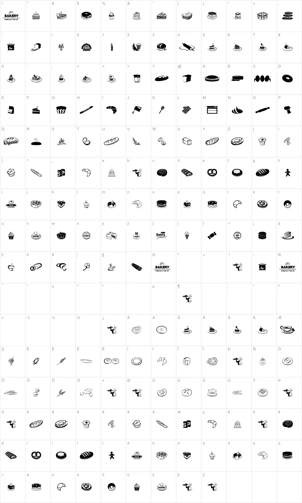 Mapa de caracteres da fonte Bakery