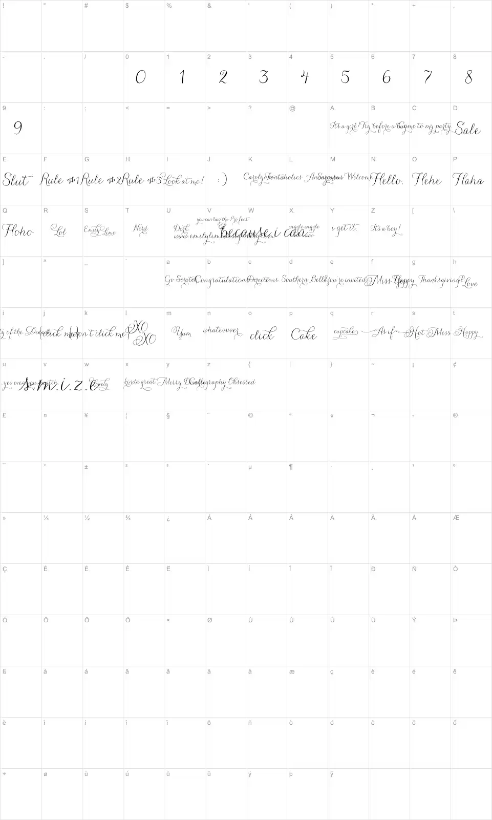 Mapa de caracteres da fonte Carolyna Words