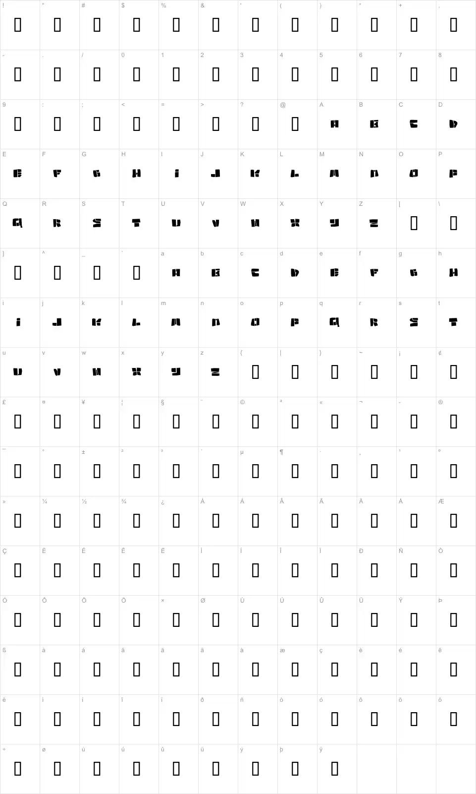 Mapa de caracteres da fonte Copycut