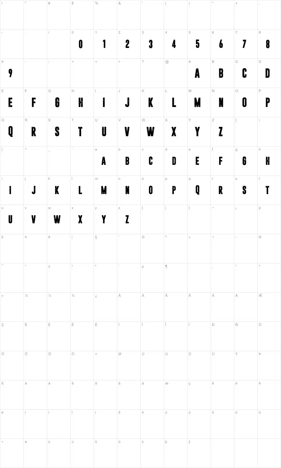 Mapa de caracteres da fonte Dreamwalker
