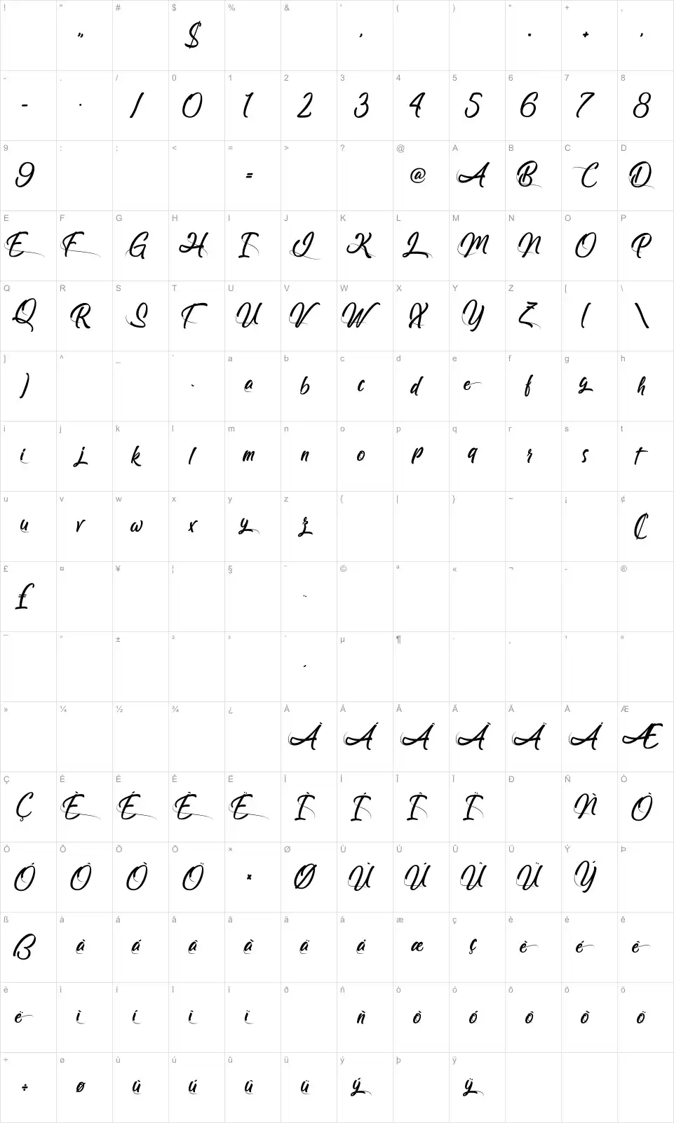 Mapa de caracteres da fonte Follow Me