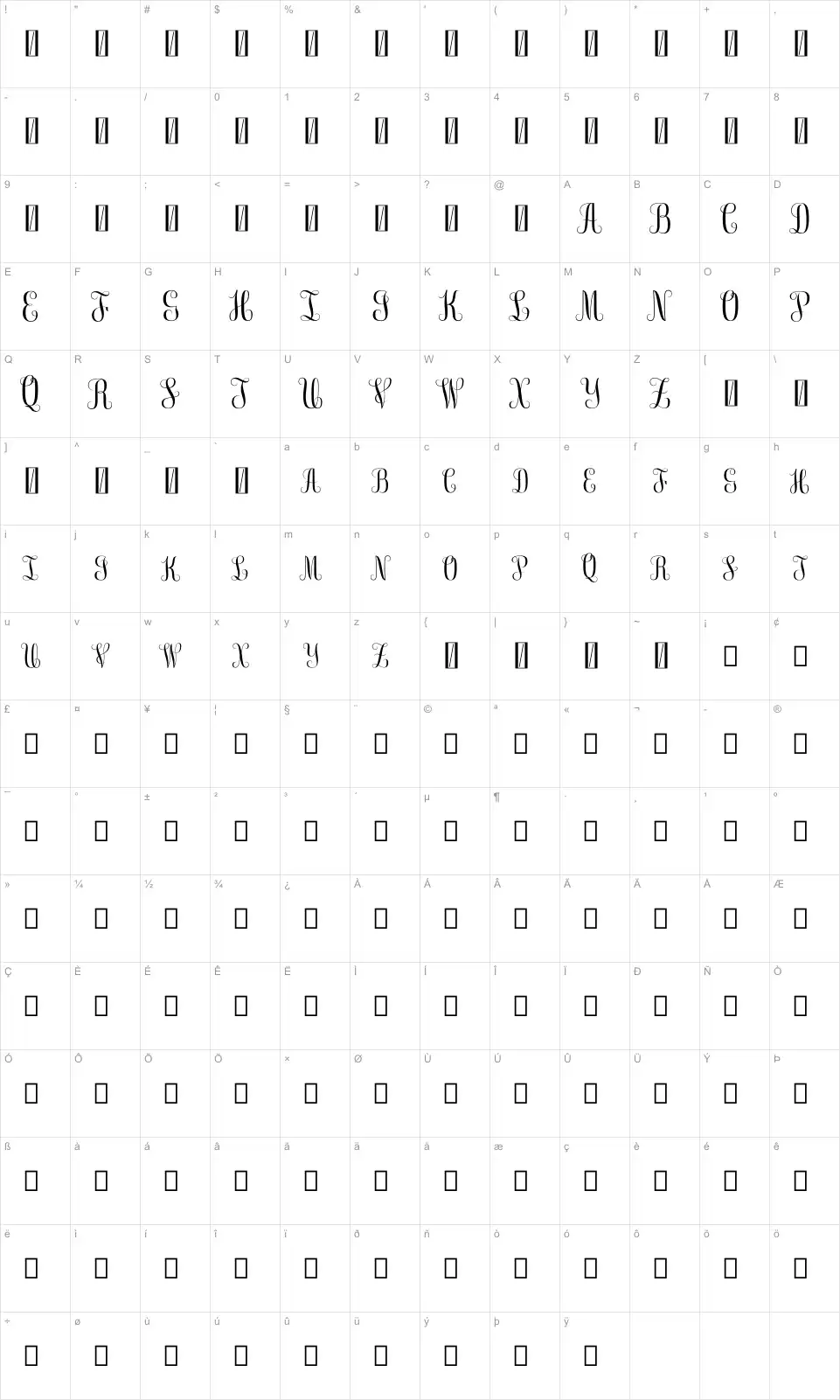 Mapa de caracteres da fonte Free Monogram