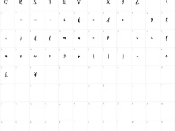 Mapa de caracteres da fonte Juanita Brush Script