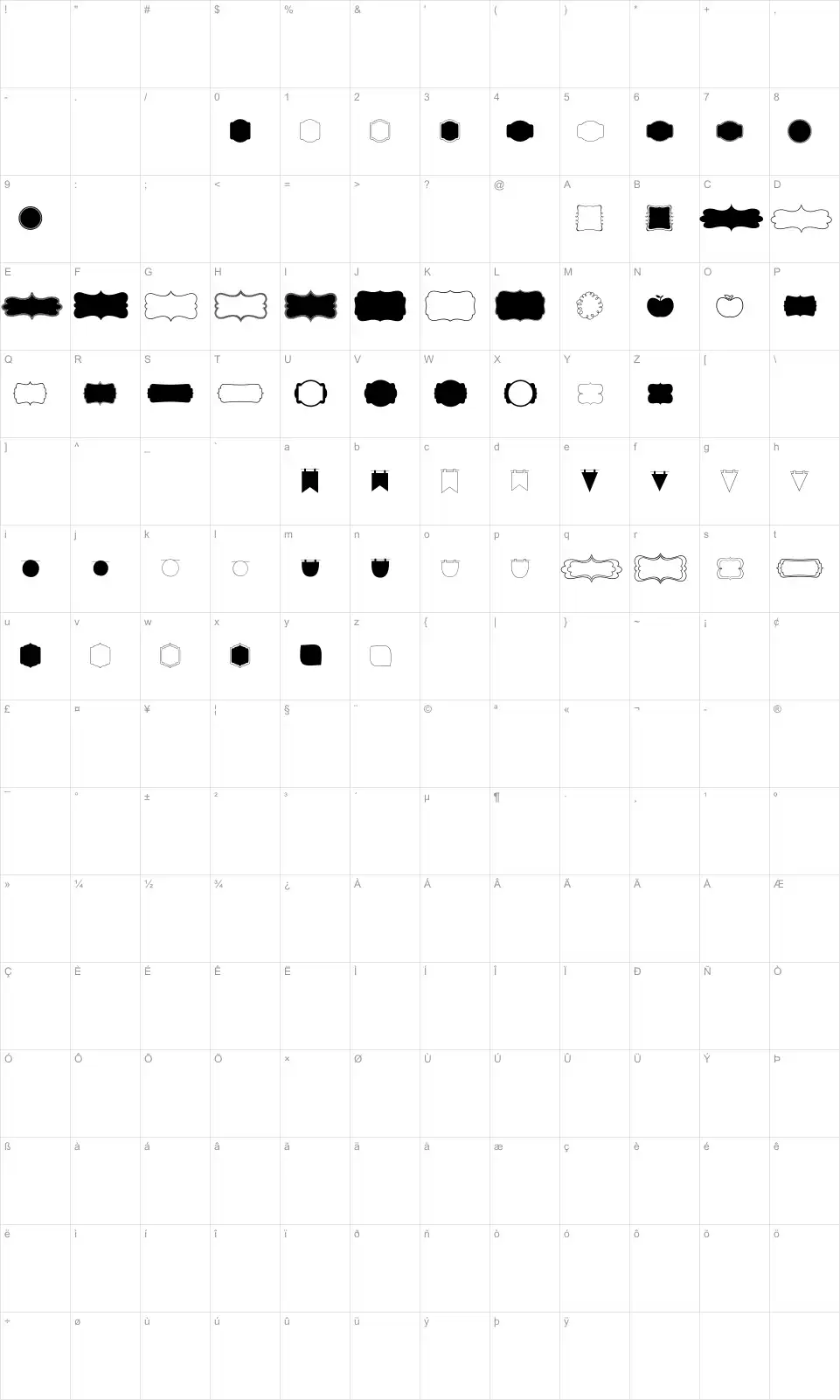 Mapa de caracteres da fonte KG Flavor And Frames Four