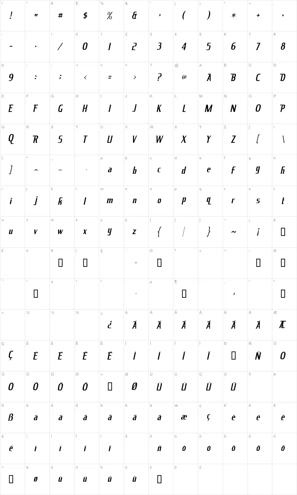 Mapa de caracteres da fonte KingRichard-Italic