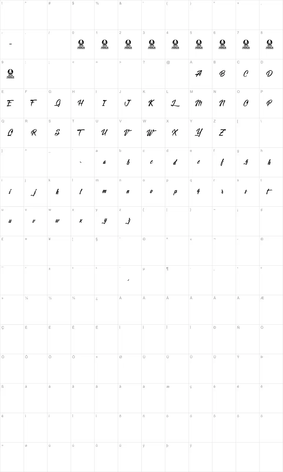 Mapa de caracteres da fonte Lights of the Stardust