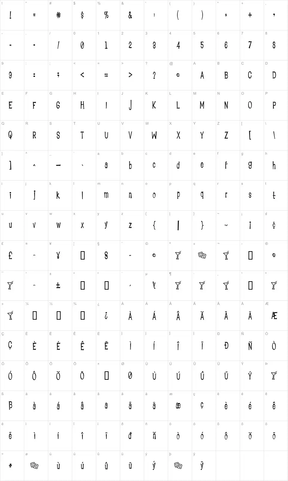 Mapa de caracteres da fonte Lounge Bait