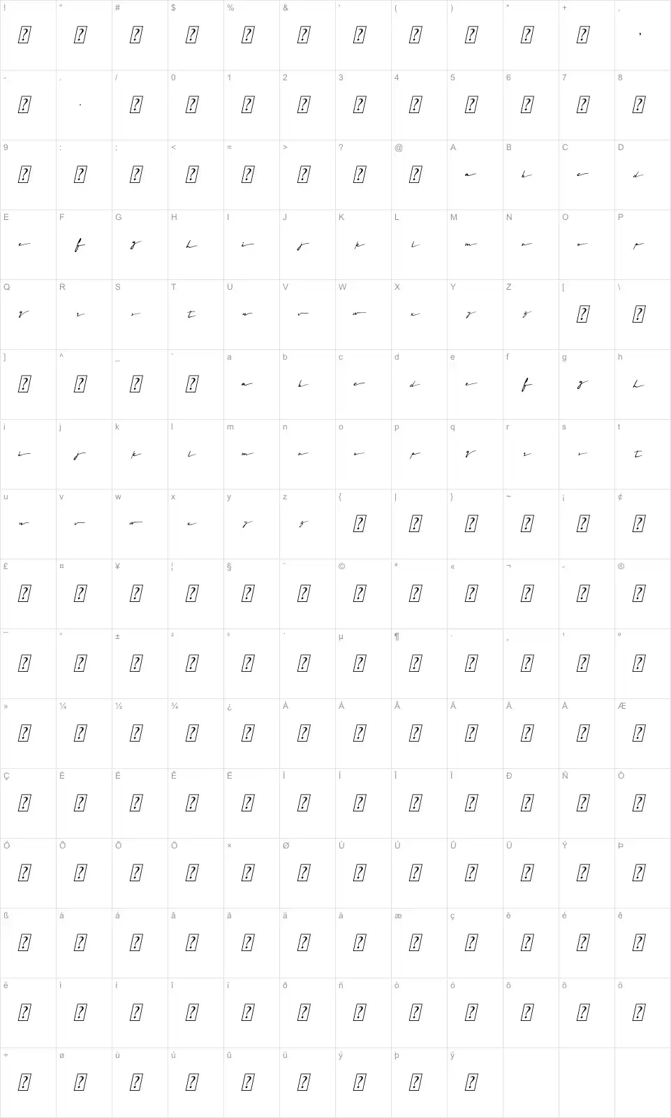 Mapa de caracteres da fonte Midnight Cali