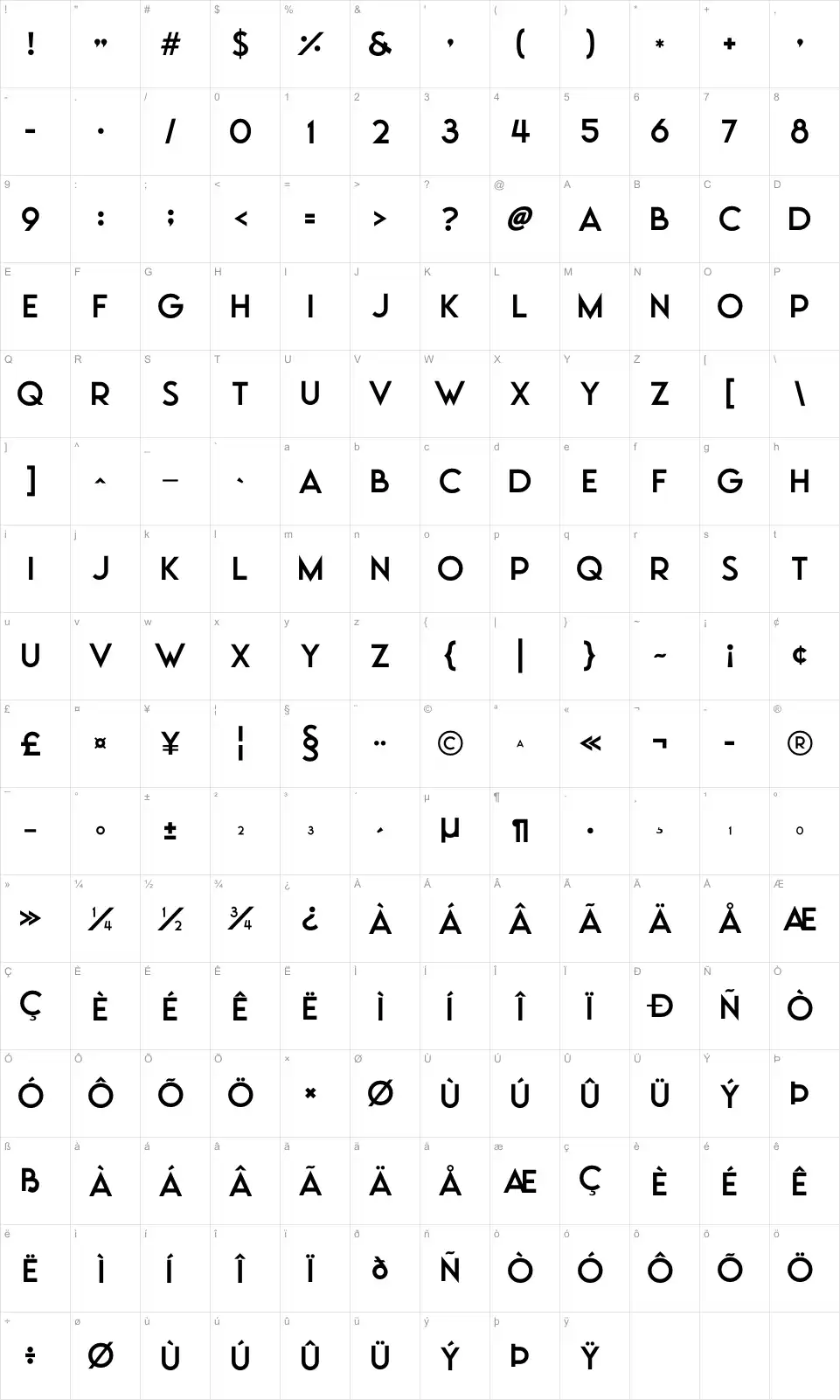 Mapa de caracteres da fonte Moonrising